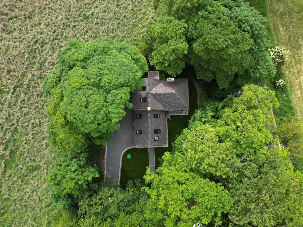 Drone view of a finished house set among trees